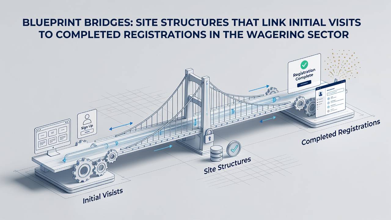 Illustration showing interconnected site architecture elements that guide users from landing pages to registration completion on wagering platforms