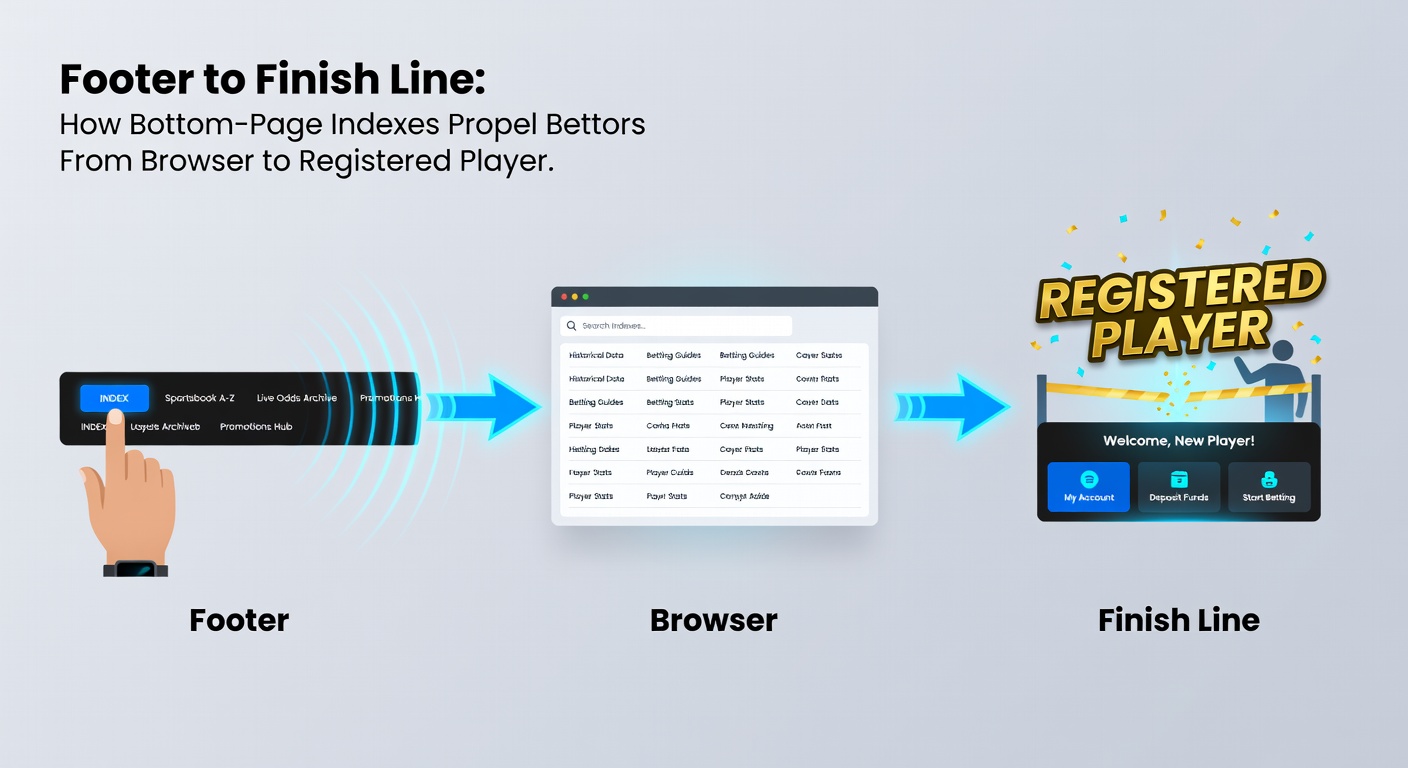 Screenshot example of a betting platform footer highlighting signup index links and verification paths