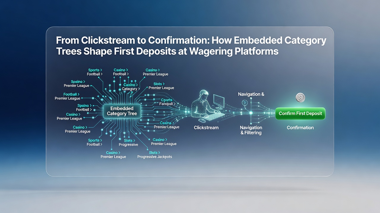 Diagram showing user navigation paths through embedded category trees on a wagering platform interface leading toward deposit confirmation