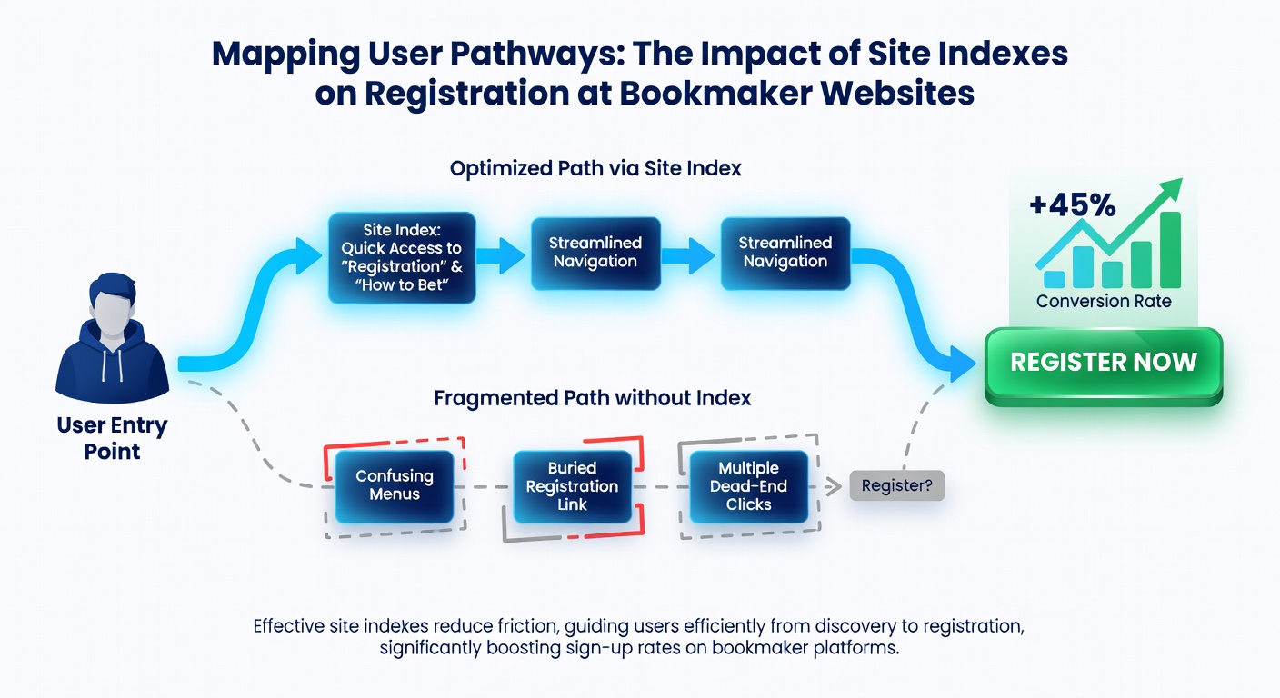 Screenshot example of a bookmaker site index highlighting the registration pathway section with clear links and subcategories