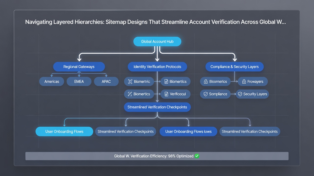 Flowchart illustrating sitemap navigation paths leading to verified account status on international betting sites