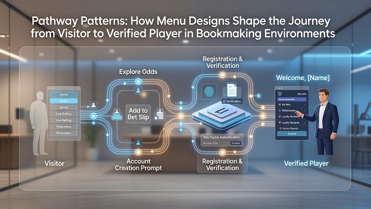 Diagram showing menu navigation flows from homepage visitor to account verification on bookmaking platforms