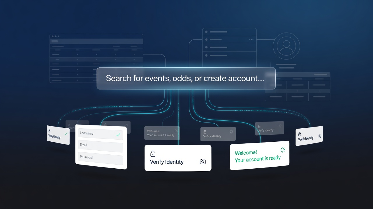 Search bar interface on a bookmaker platform homepage highlighting query suggestions for registration and account setup