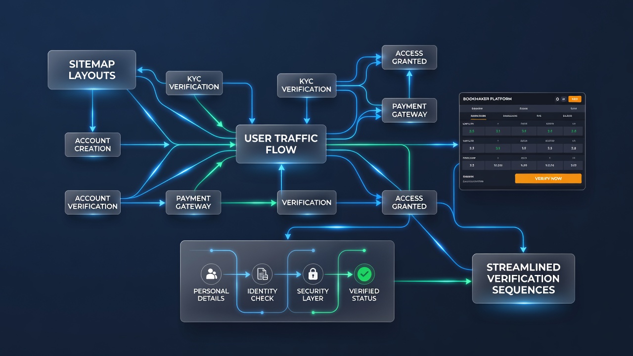 Flowchart illustrating sitemap links guiding users to verification and account approval stages
