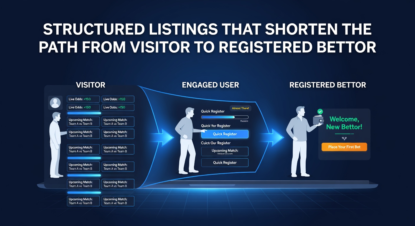 Structured listings on a betting platform homepage showing categorized navigation options that guide visitors toward registration