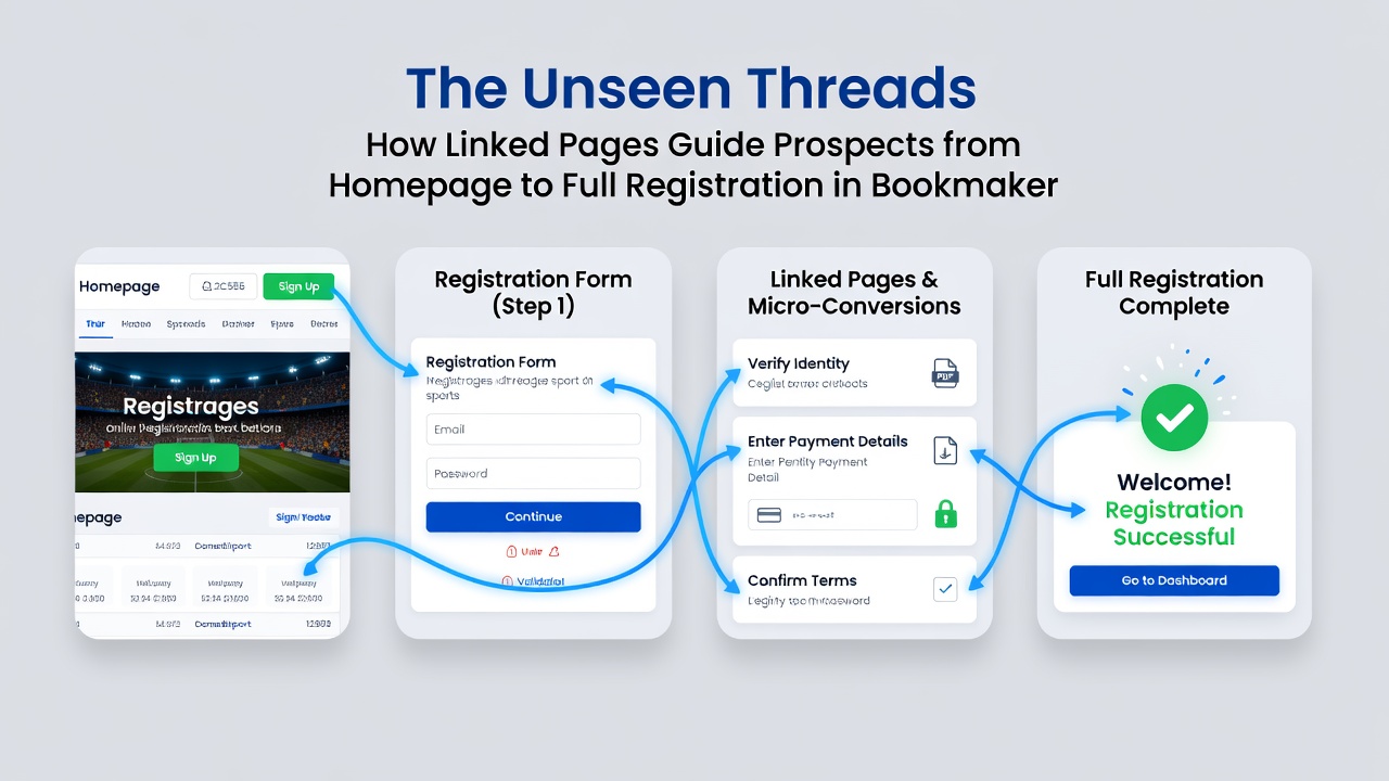 Flowchart depicting internal indexes and footer links channeling prospects through verification steps to completed bookmaker registrations